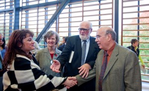 June (second from left) and Paul Schlueter (second from right) speak with Jay Parini '70 (right), who presented the 2009 Paul and June Schlueter Lecture in the Art and History of the Book.