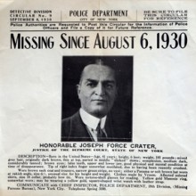 Newspaper article on the missing persons case of Judge Joseph Crater, Class of 1910