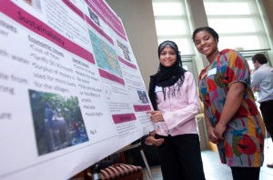 Thafhim "Muna" Siddiqua '13, left, and Taneesha Tate-Robinson '13 presented their project at Lafayette's Community-Based Learning and Research expo.