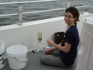 Danielle Sobol ’12 takes water samples from Raritan Bay in New Jersey.