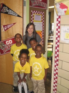 Farrell Sharkey '06 with her first-grade students at Young Scholars Frederick Douglass Charter School