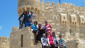 Yue "Luna" Yuan ’12, third from left, and Michael Klemens ’12, red and white striped shirt, in Egypt 