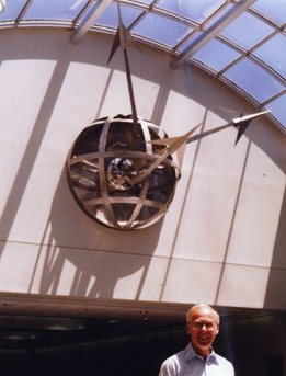 Stan Thomson '45 with his sculpture "Flight"