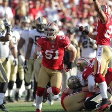 San Francisco 49er Blake Costanzo '06 celebrates after forcing a fumble in the NFL divisional playoff game against the New Orleans Saints.