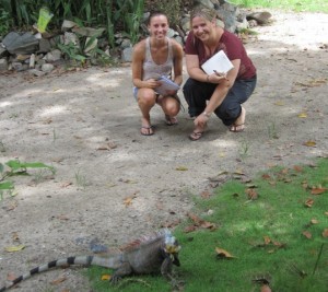 Brooke Kohler ’13 and Cyrstal Fortwangler with one of St. Johns' iguanas