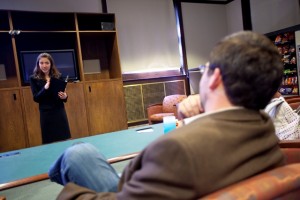 Angela Wnek '12 practices her dramatic interpretation with Scott Placke, director of forensics.