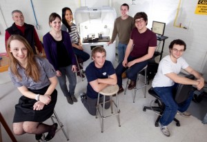 Members of the metal prototype machine team are, from left, Elizabeth Parisi ’12; Tom Defazio, lab coordinator for chemical and civil engineering; Lauren Marzocca ’12; Ngan (Kate) Vu ’12; Evan Goldberg ’12; Ricky Schwalje ’12; Colin Rementer ’12; and Bill Binder ’12.