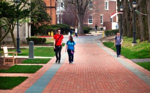 Students walk on the new pedestrian pathways along the Quad in front of Colton Chapel and Pardee Hall.