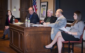 The panel consisted of, from left, Professors Helena Silverstein, Bruce Murphy, John Kincaid, and Ilan Peleg and Caitlin Flood ’12.