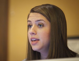 Caitlin Flood ’12 speaks during a panel discussion on Vice President Joe Biden