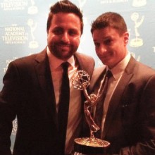 Josh Oshinksy '00 (right), founder and executive producer of Ocean Sky Films, receives a National Sports Emmy