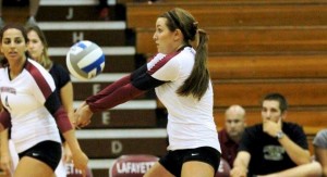 Karissa Ciliento ’14 hits the volleyball during a Lafayette match.