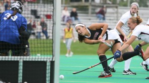 Lafayette College field hockey player Deanna DiCroce '13 takes a shot on goal.