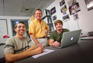 Professor David Nice with former EXCEL Scholars Anthony Post ’14 and Joseph Tumulty ’14 in Hugel Science Center