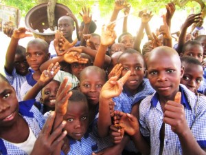 Schoolchildren from the Katunguru Primary School, which has treated, clean tap water. The school was the location of a water seminar for the villages that the Fontes Foundation serves.