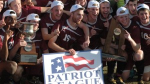 Men's soccer players celebrate their Patriot League Championship.