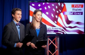 Alexander Charchalis ’15 and Madeline Laskoski ’13 co-hosted Lafayette’s 50 States of Grey election night broadcast.