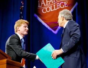 Student Government president Michael Prisco ’14, left, introduces Tony Blair.