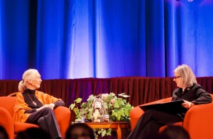 Jane Goodall speaks with Provost Wendy Hill during the question-and-answer session.