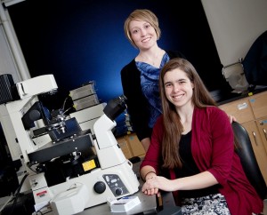 Lauren Anderson, assistant professor of chemical and biomolecular engineering, and Ashley Kaminski ’13 in a lab Acopian Engineering Center