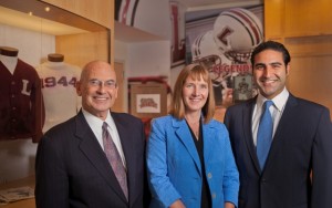 Dave Reif ’68, president of the Alumni Association, Lafayette President-Elect Alison Byerly, and Alex Karapetian ’04, president-elect of the Alumni Association, in Bourger Varsity Football House