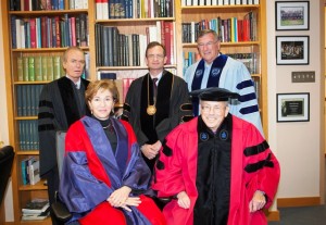 Honorary degree recipients Martin Amis (l-r), Anne-Marie Slaughter, President Daniel H. Weiss, Robert A. Pastor ’69, and Joseph T. Cox ’68
