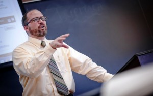 Professor Brett Hendrickson teaches Contemporary Religious Issues in Pardee Hall