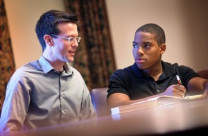 Professor Michael Feola and Juannell Riley ‘15 work in Kirby Hall of Civil Rights.