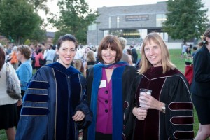 President Alison Byerly poses with Emily Musil Church, left, assistant professor of history, and Caryn McTighe Musil at the President’s Reception following the convocation ceremony on the Quad.