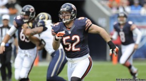 Chicago Bears linebacker Blake Costanzo '06 runs down the field during a game
