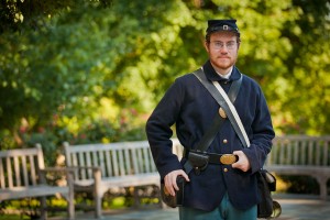Jon Dever on Lafayette's campus wearing his Civil War Union soldier costume
