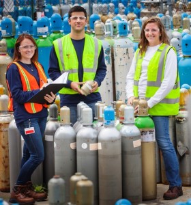 Molly Gondolf ’14, Jared Piette ’12, and Jessica Ross ’15 at the Linde Gas North America plant