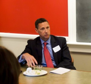 Peter Gray, Northern Region president of National Penn Bank, speaks with students about corporate social responsibility.