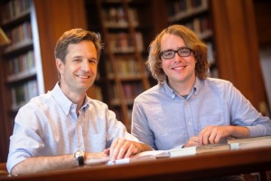 Professor Markus Dubischar with former student Thomas Bolt ’12 in Kirby Library