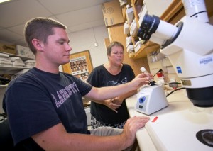 Professor Elaine Reynolds works with Blaine Caslin '13 in her Kunkel Hall lab.