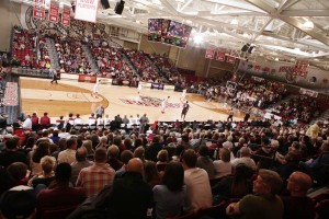 Fans watch a basketball game in the newly renovated Kirby arena 
