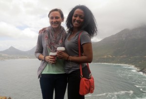 Nicola Coakley ’15 and Kidane Kinney ’15 in front of a large body of water in South Africa