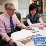 Robert Bliwise ’76 goes through proofs of Duke Magazine with Hong Ha Vu ’17. Photo by Megan Morr