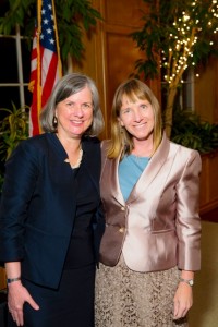 Provost Wendy Hill, left, and President Alison Byerly presented awards to faculty and staff.
