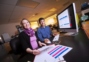 Professor Lauren Anderson and Tyler Fruneaux ’14 work in the lab in Acopian Engineering Center.