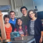 Hailey Votta ’15, Brian Skalla ’16, Erika Hernandez ’17, Professor Michael McGuire, and Professor Laurie Caslake work with the dust measuring apparatus in Acopian Engineering Center.
