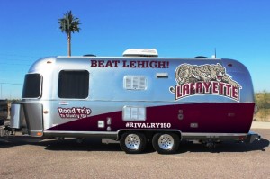An Airstream camper with "Beat Lehigh" and the Lafayette Leopard on the side