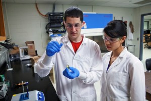 Christopher Verni ’15 works with Lindsay Soh, assistant professor of chemical and biomolecular engineering, in Acopian Engineering Center.