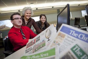 Adam Valavanis ’17, Jeanne Straus P’13, and Cassidy Taylor ’17 at Straus News in Chester, N.Y.