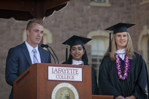 Alex Golini ’14, Ayesha Nadarajah ’14, and Sarah Roberts ’14, chairs of the Class of 2014 Gift Committee, presented the class gift to President Alison Byerly at last year’s Commencement. The gift provided internship stipends for 12 students last summer.