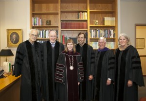 Karl Stirner, Miles Young, President Alison Byerly, Eric Weihenmayer, Edward Ahart ’69, chair of the Board of Trustees, and Nancy Kuenstner ’75, secretary of the board, in the President’s office