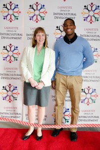President Alison Byerly poses with Juannell Riley ’15. Riley received two Intercultural Awards.