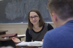 Jessica Carr, assistant professor of religious studies, teaches a course in Pardee Hall. 