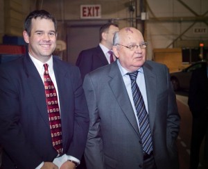 Professor Josh Sanborn with Mikhail Gorbachev, the former leader of the Soviet Union, who delivered a major address titled “Perspectives on Global Change” at Kirby Sports Center. 