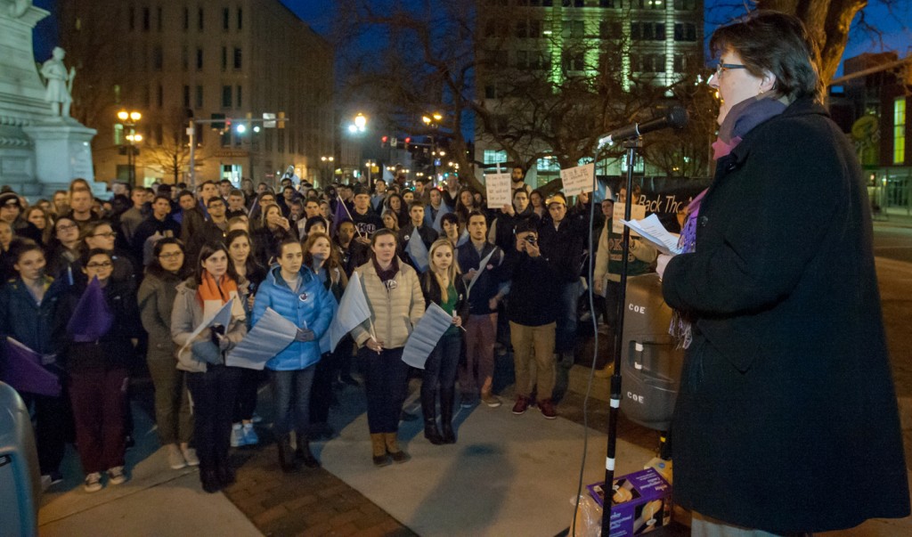 Mary Armstrong speaks about the personal and society costs of domestic and sexual violence during Take Back the Night.